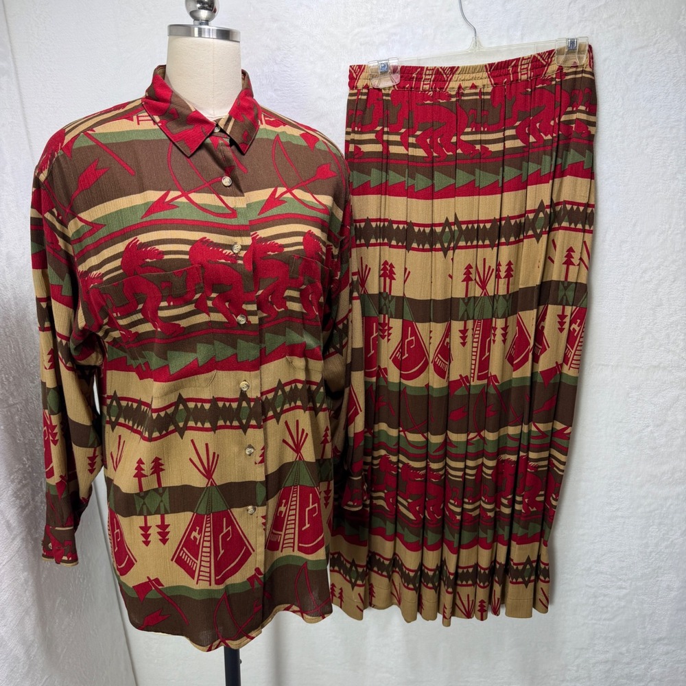 Cambridge Country Store Vintage Tribal Skirt Blouse Set Small Red Brown Rodeo
